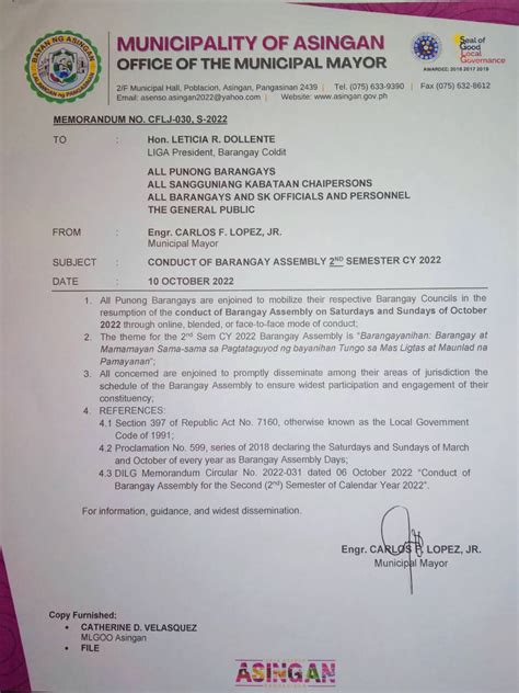 Conduct of Barangay Assembly for the 2nd Semester of CY 2022.